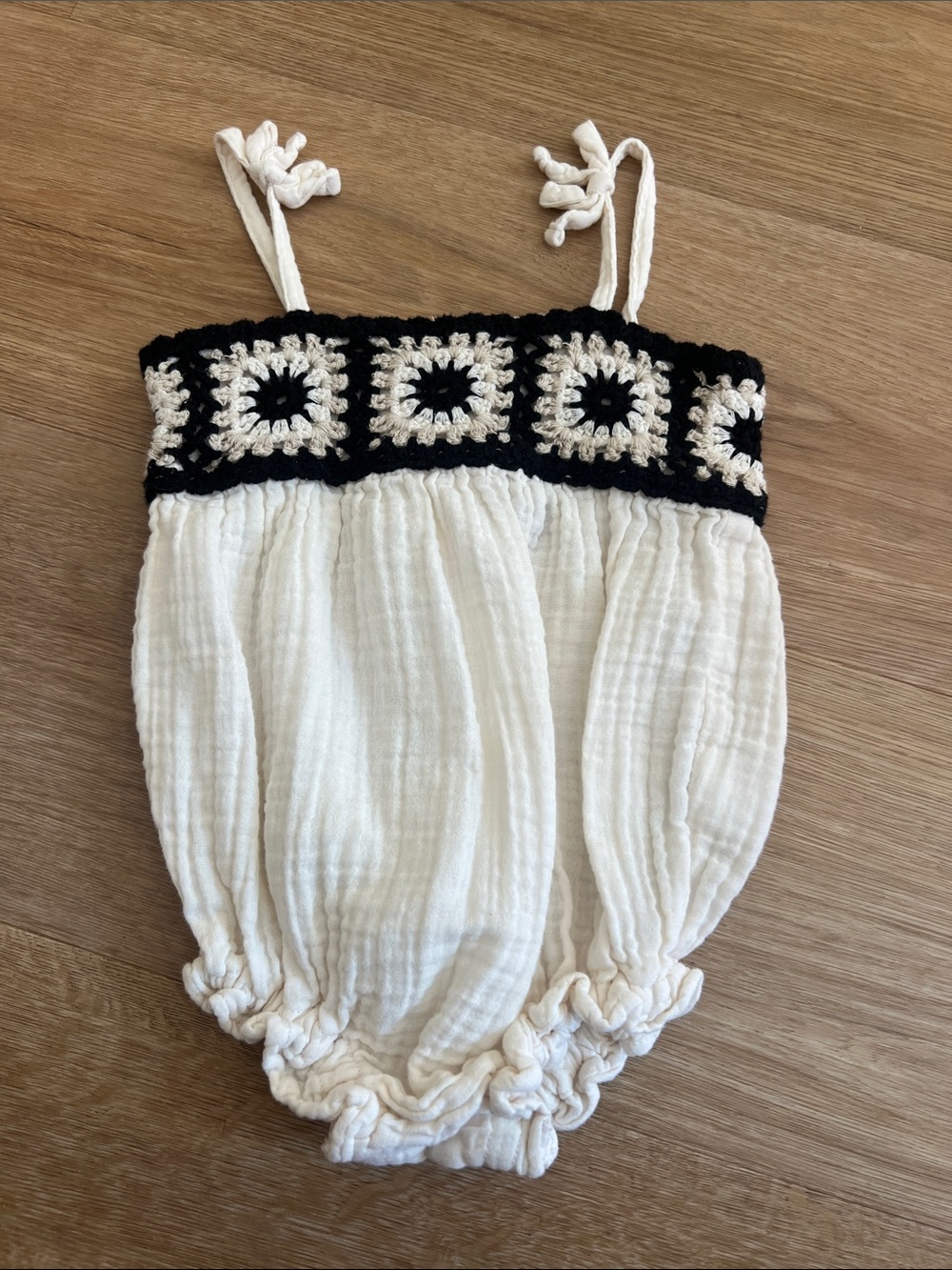 Old Navy White Gauze Romper with Black Crochet Trim